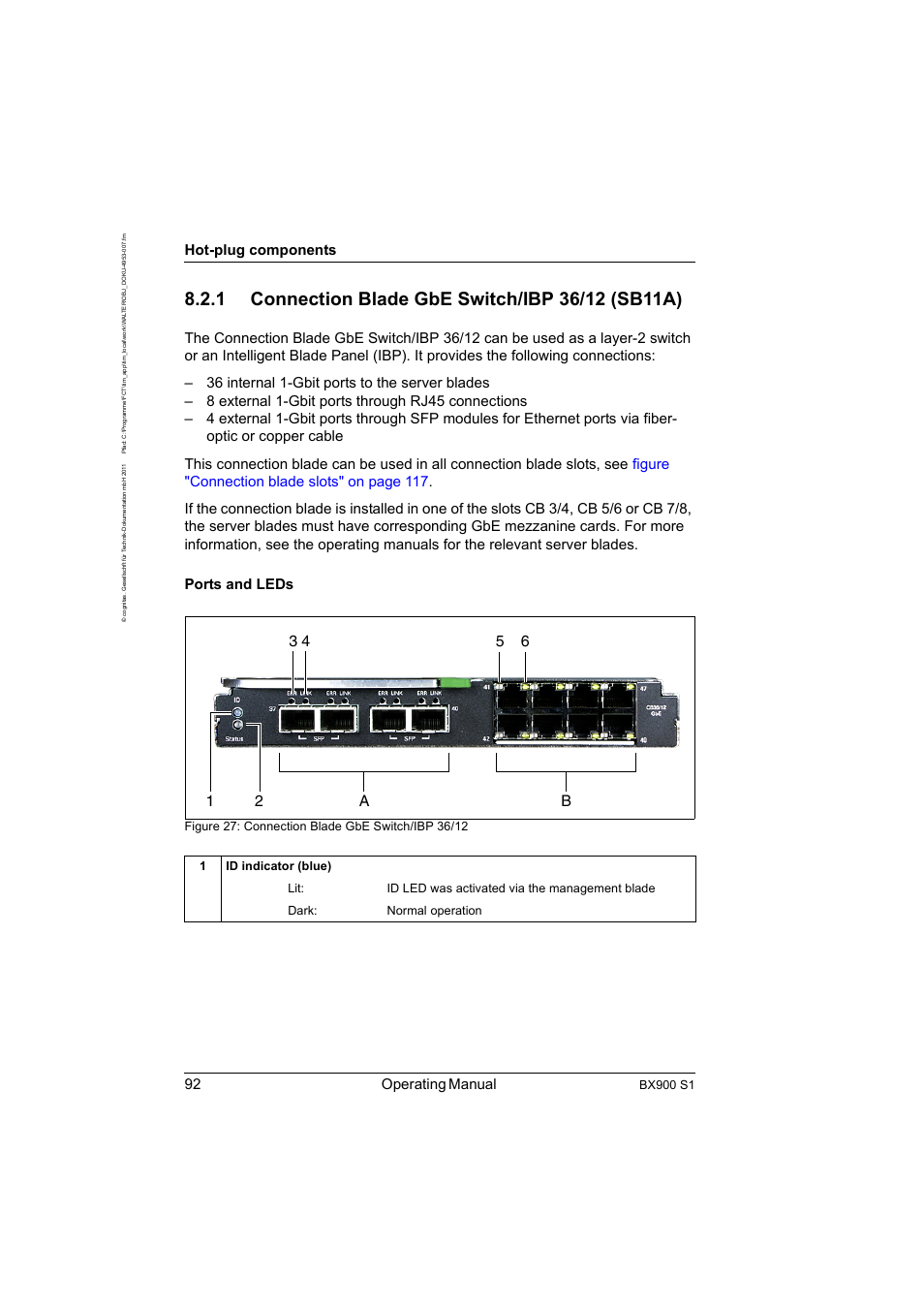 1 connection blade gbe switch/ibp 36/12 sb11a, Connection blade gbe switch/ibp 36/12 (sb11a), 92 operating manual | Hot-plug components, Bx900 s1 | FUJITSU BX900 S1 User Manual | Page 92 / 142