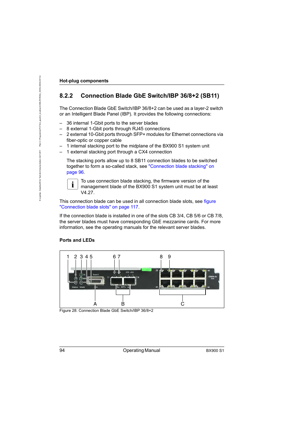 2 connection blade gbe switch/ibp 36/8+2 sb11, Connection blade gbe switch/ibp 36/8+2 (sb11), 94 operating manual | Hot-plug components, Bx900 s1 | FUJITSU BX900 S1 User Manual | Page 94 / 142
