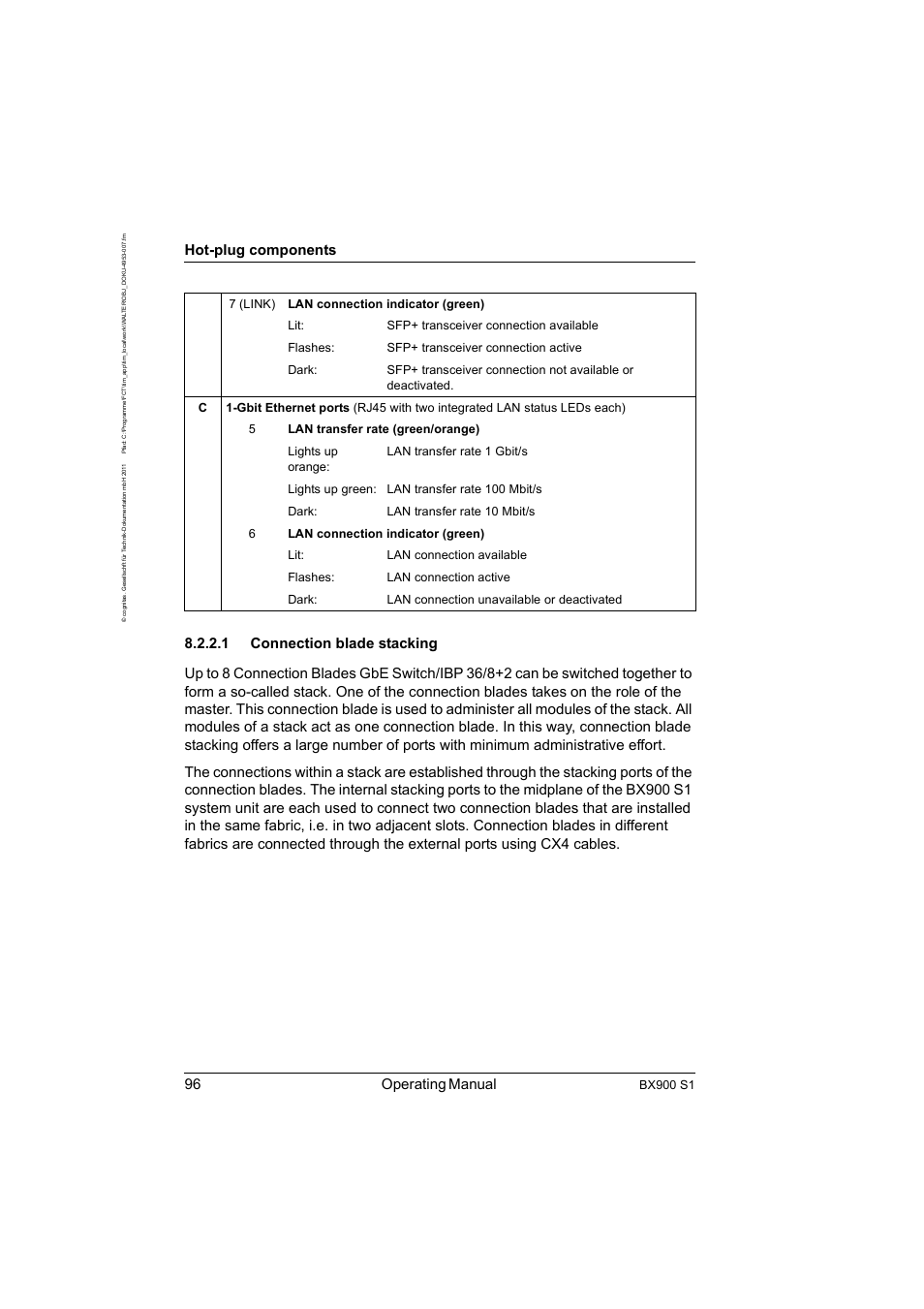 1 connection blade stacking, Connection blade stacking, Connection blade | Connection blade stacking" on, 96 operating manual, Hot-plug components, Bx900 s1 | FUJITSU BX900 S1 User Manual | Page 96 / 142