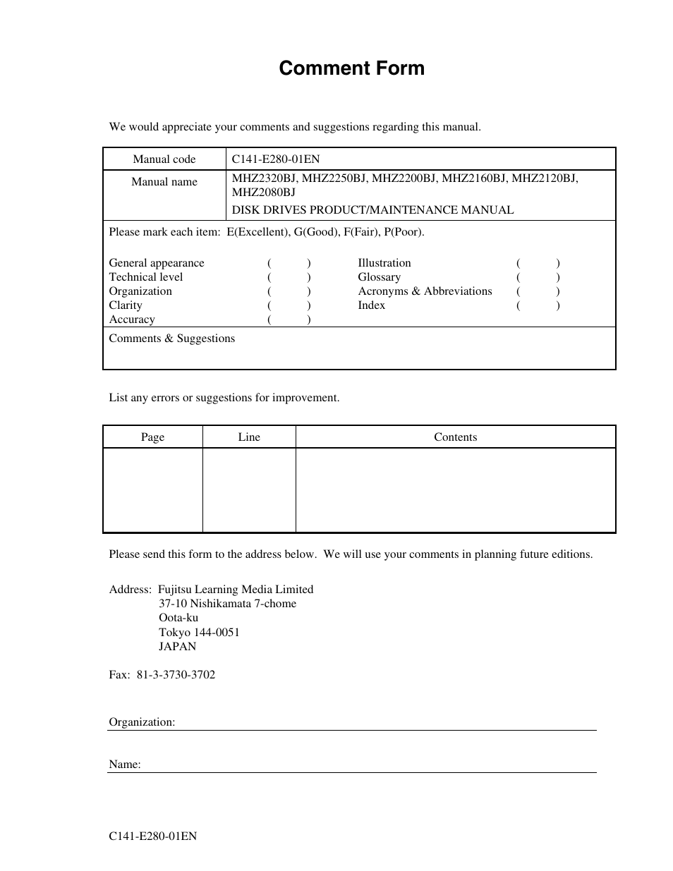 Comment form | FUJITSU MHZ2250BJ User Manual | Page 315 / 320