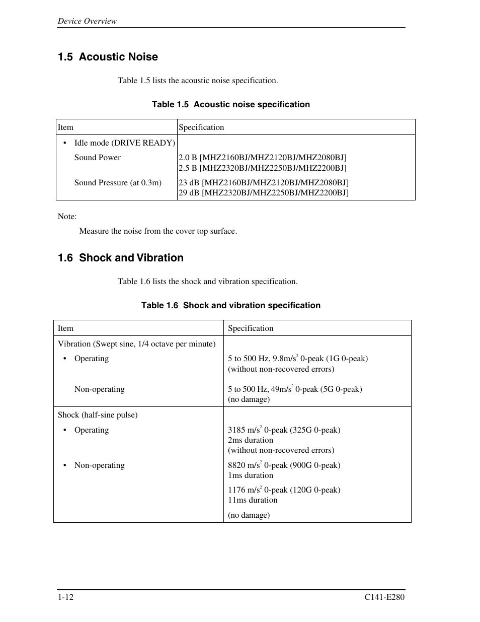 5 acoustic noise, 6 shock and vibration | FUJITSU MHZ2250BJ User Manual | Page 34 / 320