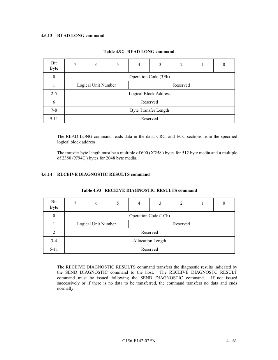 13 read long command, 14 receive diagnostic results command | FUJITSU MCE3130AP User Manual | Page 129 / 175