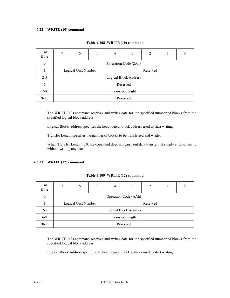 22 write (10) command, 23 write (12) command | FUJITSU MCE3130AP User Manual | Page 138 / 175