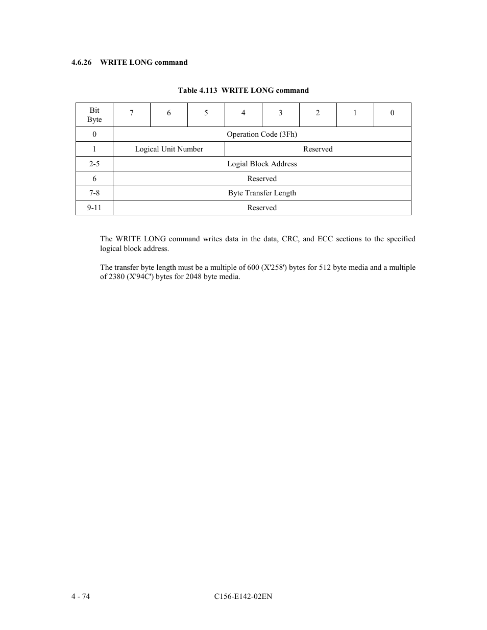 26 write long command | FUJITSU MCE3130AP User Manual | Page 142 / 175