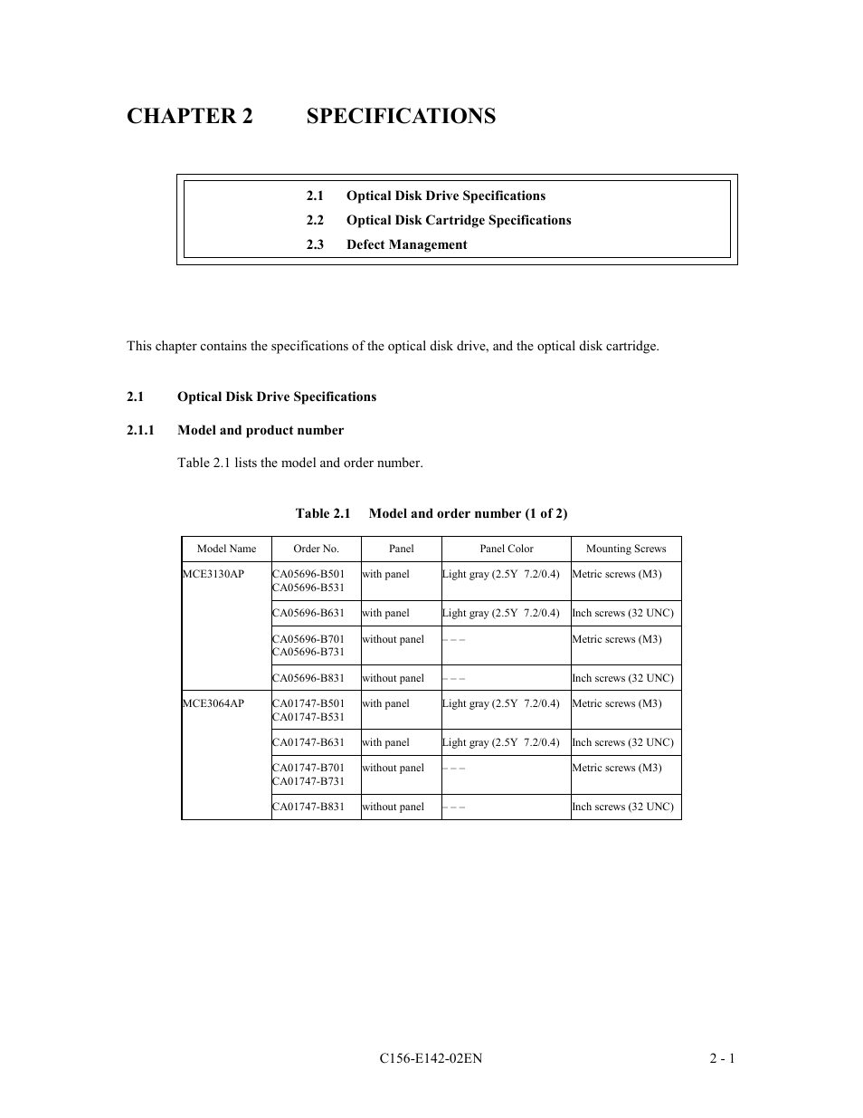 Chapter 2 specifications, 1 optical disk drive specifications, 1 model and product number | FUJITSU MCE3130AP User Manual | Page 32 / 175