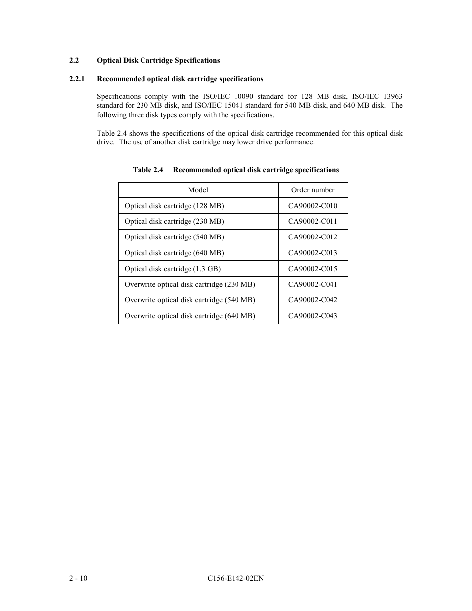 2 optical disk cartridge specifications | FUJITSU MCE3130AP User Manual | Page 41 / 175