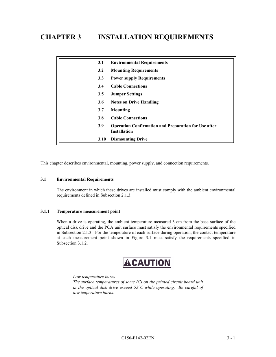 Chapter 3 installation requirements, 1 environmental requirements, 1 temperature measurement point | FUJITSU MCE3130AP User Manual | Page 47 / 175