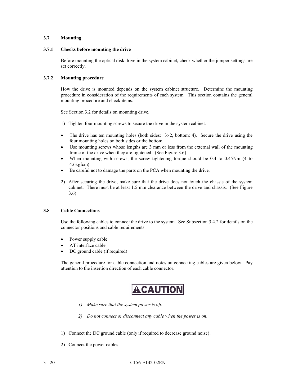 7 mounting, 1 checks before mounting the drive, 2 mounting procedure | 8 cable connections | FUJITSU MCE3130AP User Manual | Page 66 / 175