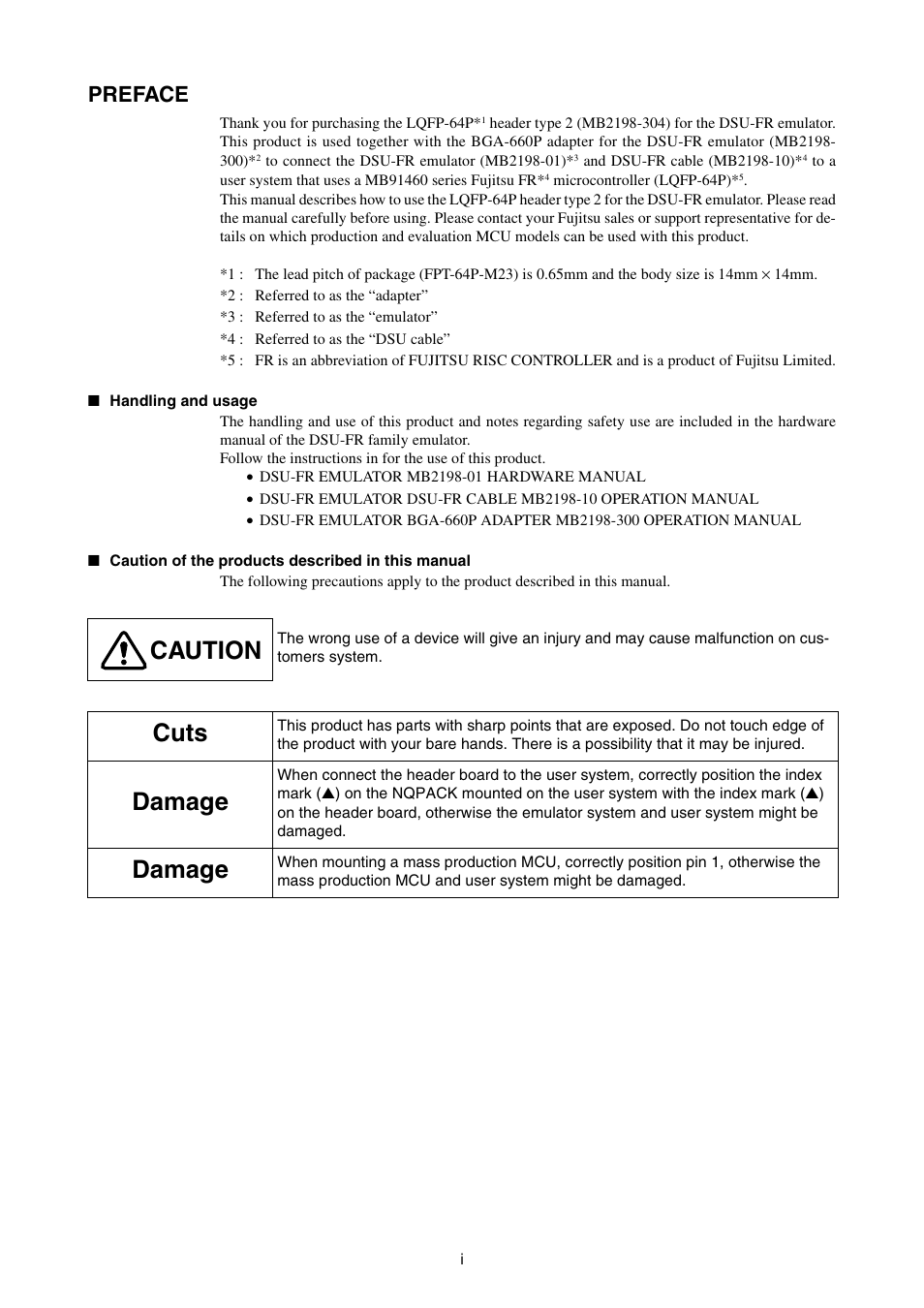 Preface, Caution, Cuts | Damage | FUJITSU LQFP-64P User Manual | Page 2 / 16