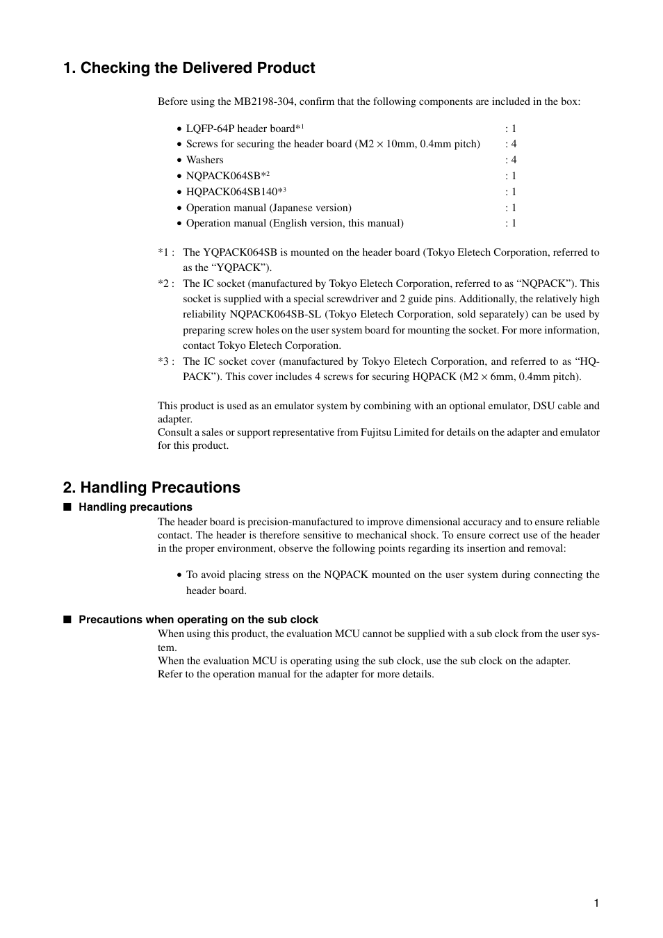 Checking the delivered product, Handling precautions | FUJITSU LQFP-64P User Manual | Page 4 / 16