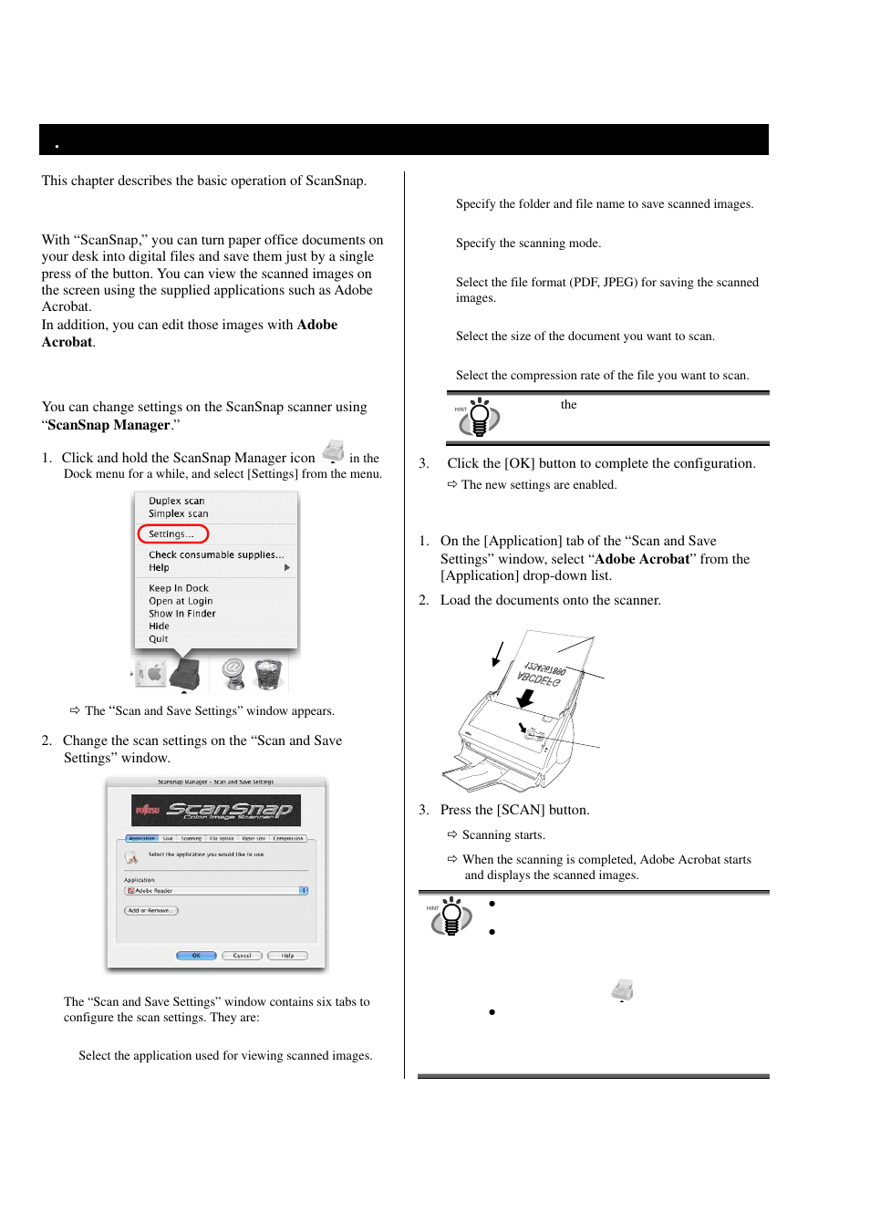 How to use scansnap, Scanning documents, About the scan settings | Scanning office documents, 3 . how to use scansnap | FUJITSU S500M User Manual | Page 10 / 24