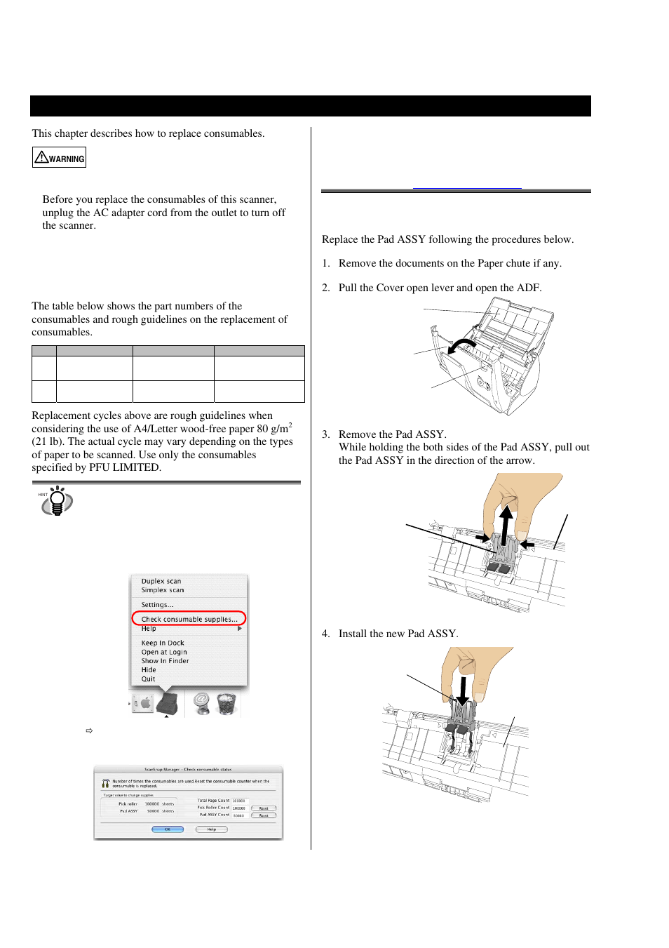 Replacing consumables, Part numbers and a replacement cycle of consumable, Replacing the pad assy | In “ 6.2. replacing the pad assy, Fire/electric shock | FUJITSU S500M User Manual | Page 16 / 24