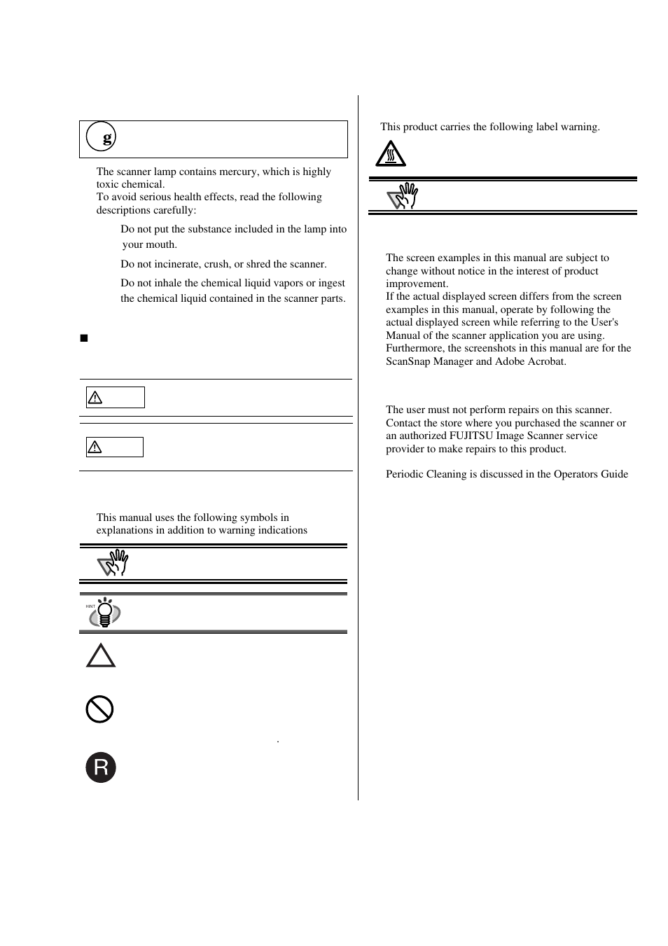 Conventions, About the use of mercury, Warning indications used in this manual | Symbols used in this manual, About the warning label, Screen examples in this manual, About service and maintenance | FUJITSU S500M User Manual | Page 5 / 24