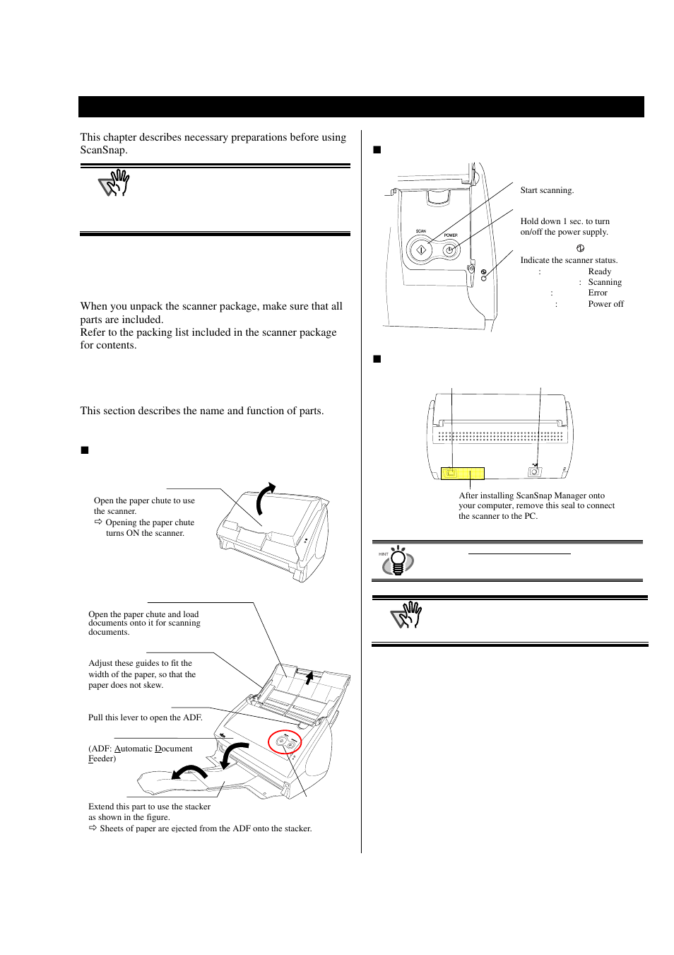 Preparation, Checking the contents of the package, Name and function of parts | Front side, Buttons, Back side | FUJITSU S500M User Manual | Page 7 / 24