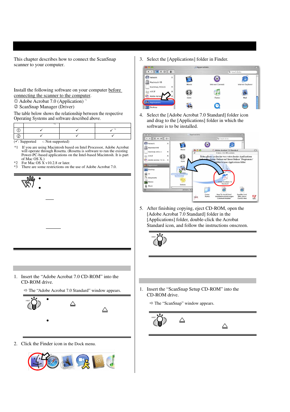 Connecting scansnap, Installing the supplied software, Installing adobe acrobat 7.0 | Installing scansnap manager | FUJITSU S500M User Manual | Page 8 / 24