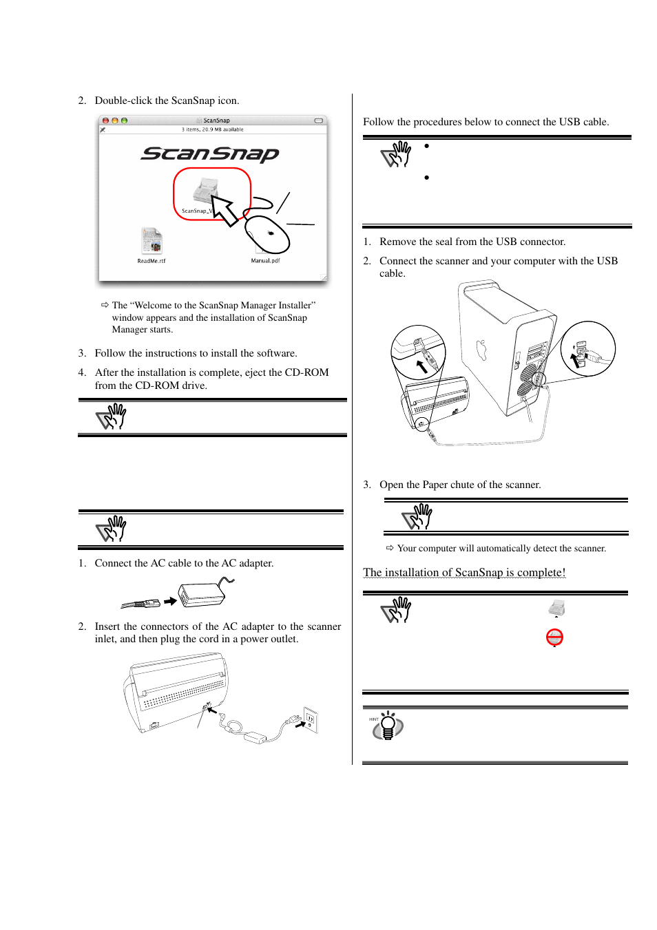 Connecting the scanner, Connecting the ac cable, Connecting the usb cable | FUJITSU S500M User Manual | Page 9 / 24