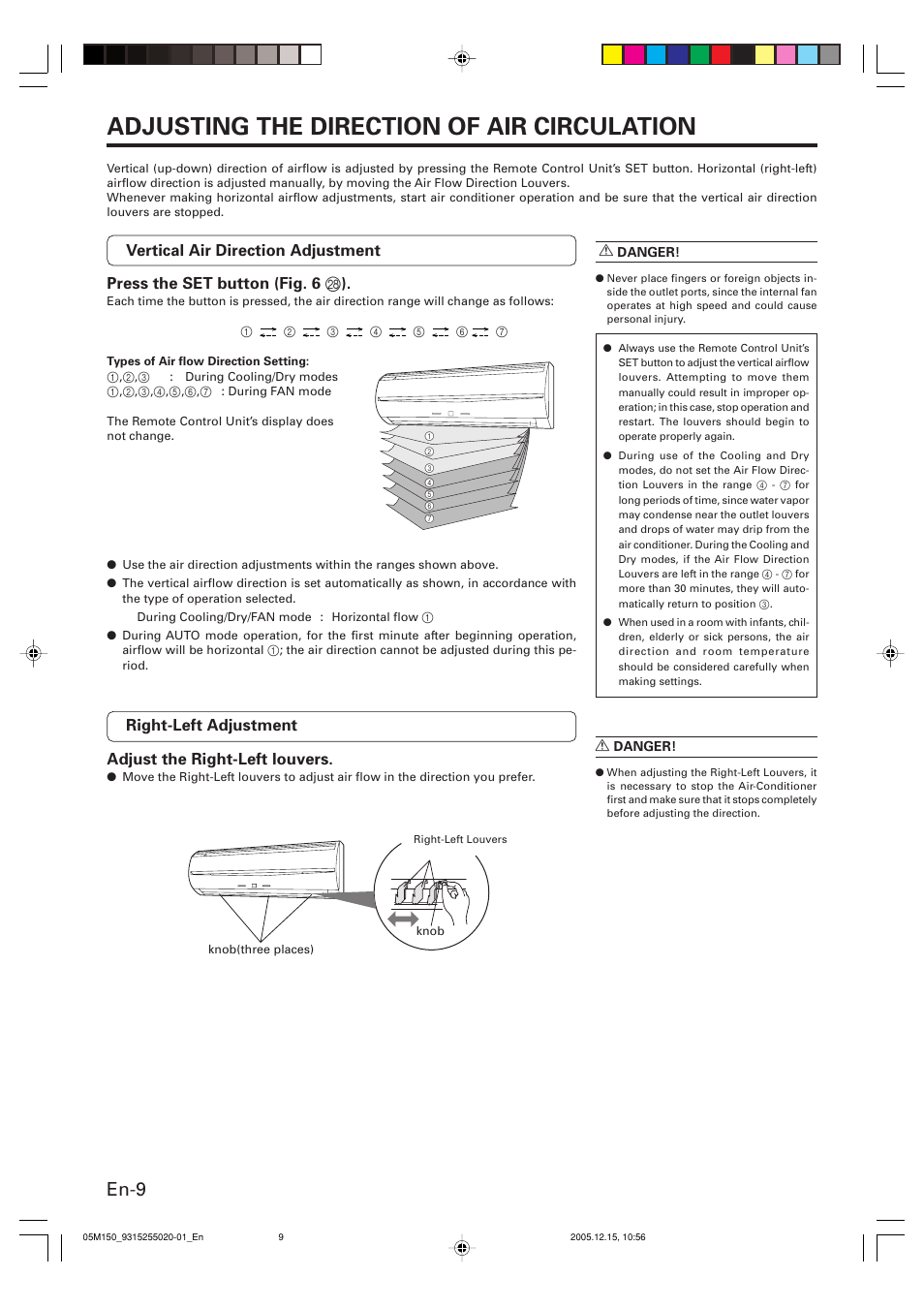 Adjusting the direction of air circulation, En-9 | FUJITSU HALCYON AOU18CL User Manual | Page 12 / 19