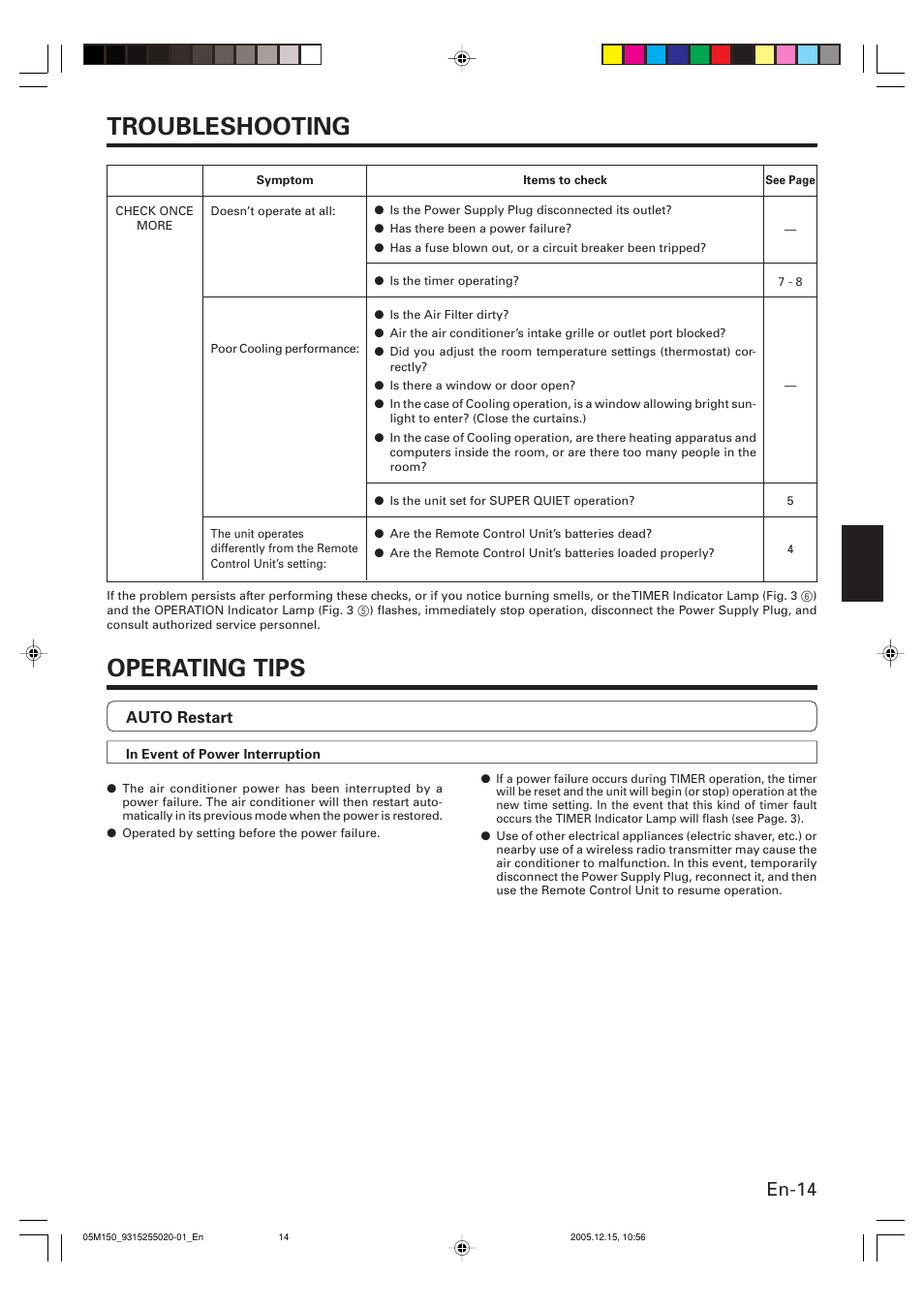 Troubleshooting, Operating tips, En-14 | FUJITSU HALCYON AOU18CL User Manual | Page 17 / 19