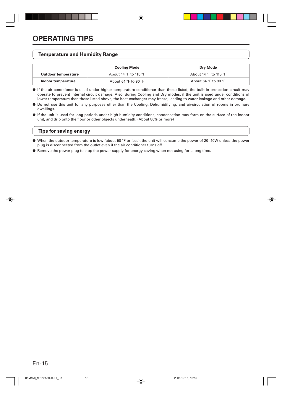 Operating tips, En-15 | FUJITSU HALCYON AOU18CL User Manual | Page 18 / 19