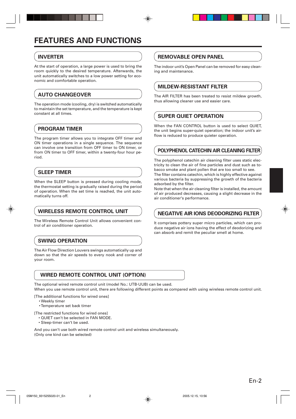 Features and functions, En-2 | FUJITSU HALCYON AOU18CL User Manual | Page 5 / 19