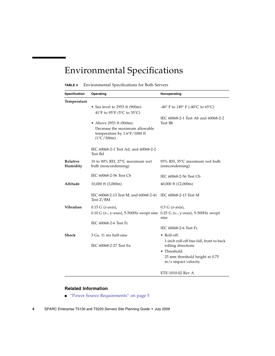 Environmental specifications, Related information | FUJITSU T5120 User Manual | Page 16 / 26