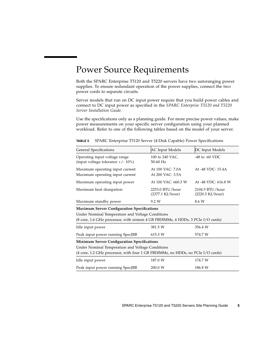 Power source requirements | FUJITSU T5120 User Manual | Page 17 / 26