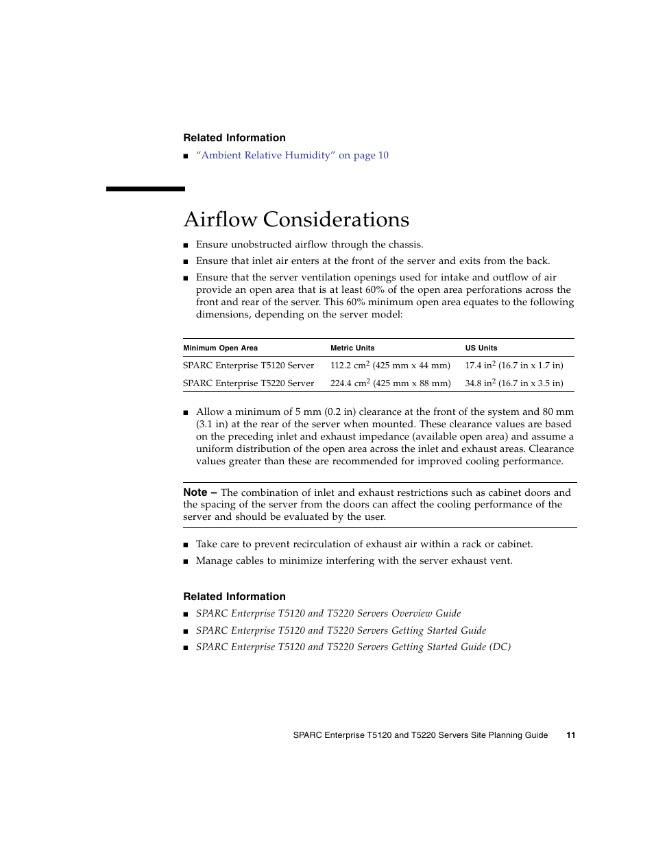 Related information, Airflow considerations | FUJITSU T5120 User Manual | Page 23 / 26