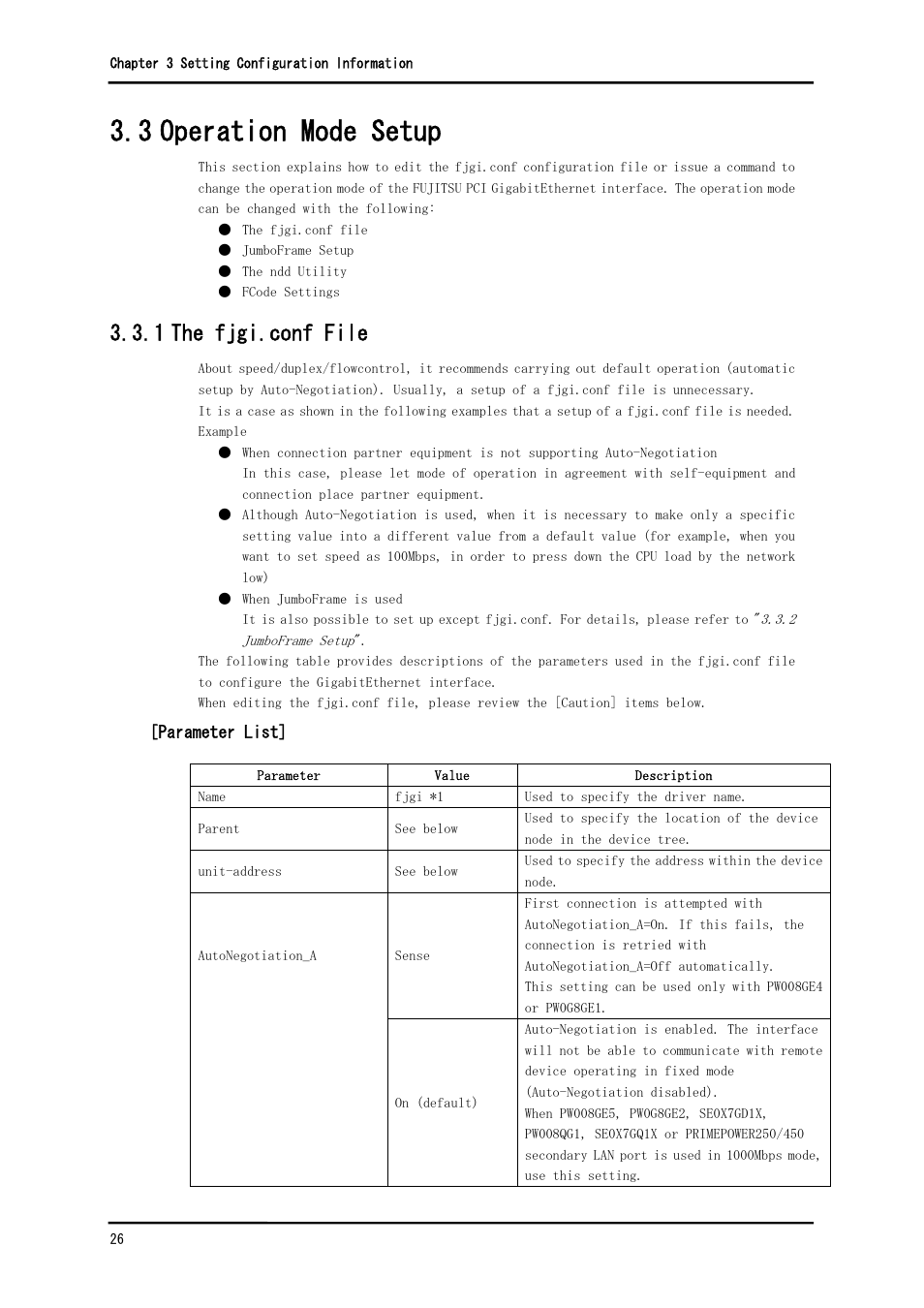 3 operation mode setup, 1 the fjgi.conf file | FUJITSU Solaris PCI GigabitEthernet 3.0 User Manual | Page 33 / 115