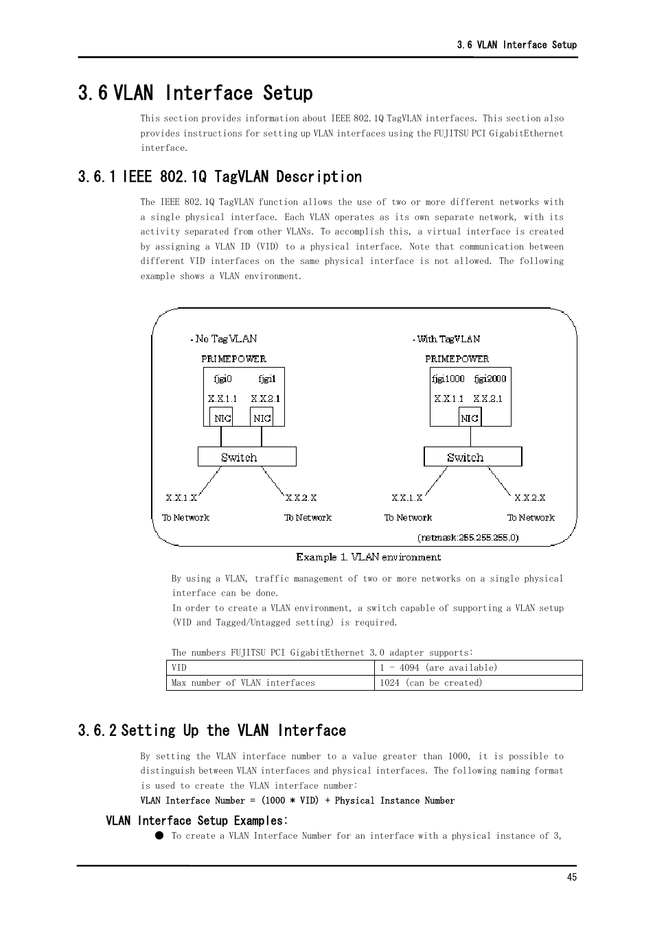 6 vlan interface setup, 1 ieee 802.1q tagvlan description, 2 setting up the vlan interface | FUJITSU Solaris PCI GigabitEthernet 3.0 User Manual | Page 52 / 115