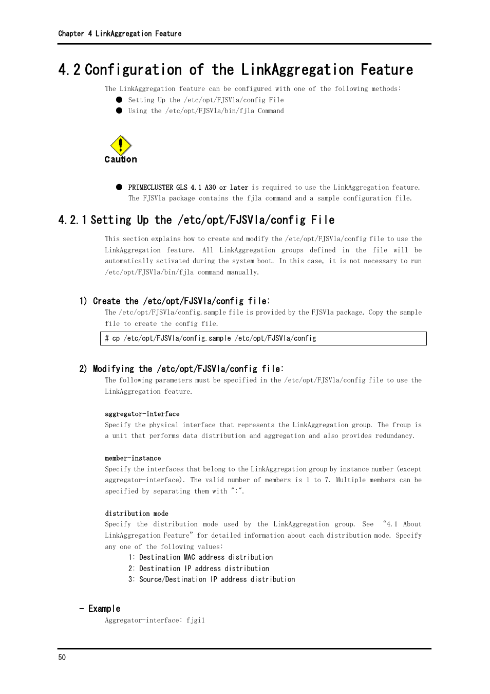 2 configuration of the linkaggregation feature, 1 setting up the /etc/opt/fjsvla/config file | FUJITSU Solaris PCI GigabitEthernet 3.0 User Manual | Page 57 / 115