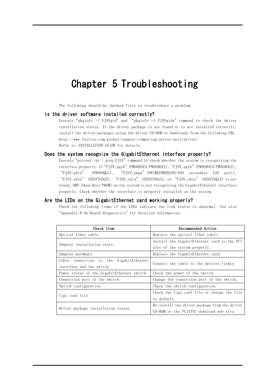Chapter 5 troubleshooting | FUJITSU Solaris PCI GigabitEthernet 3.0 User Manual | Page 64 / 115