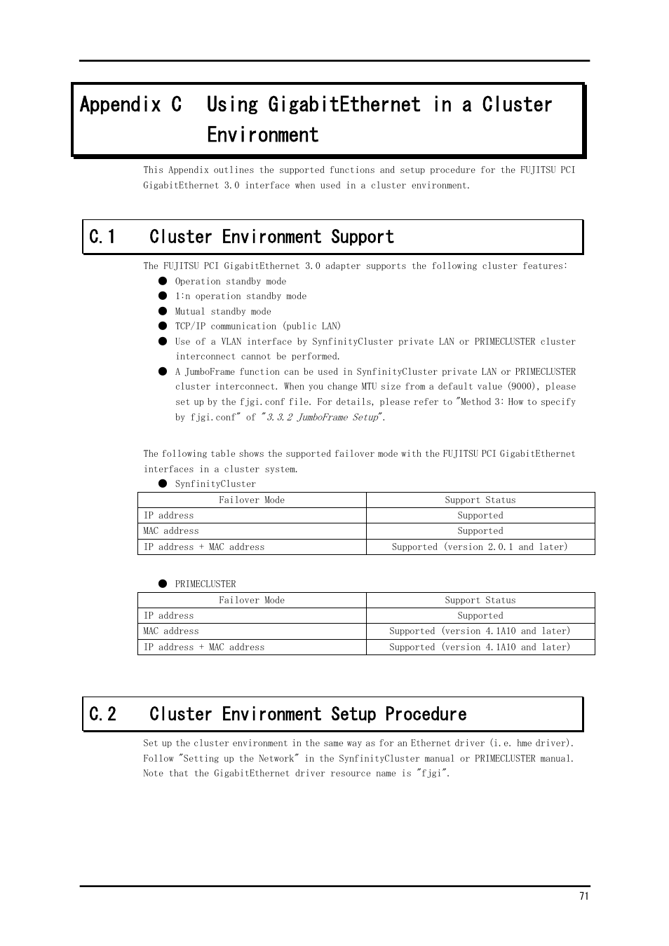 C.1 cluster environment support, C.2 cluster environment setup procedure | FUJITSU Solaris PCI GigabitEthernet 3.0 User Manual | Page 78 / 115