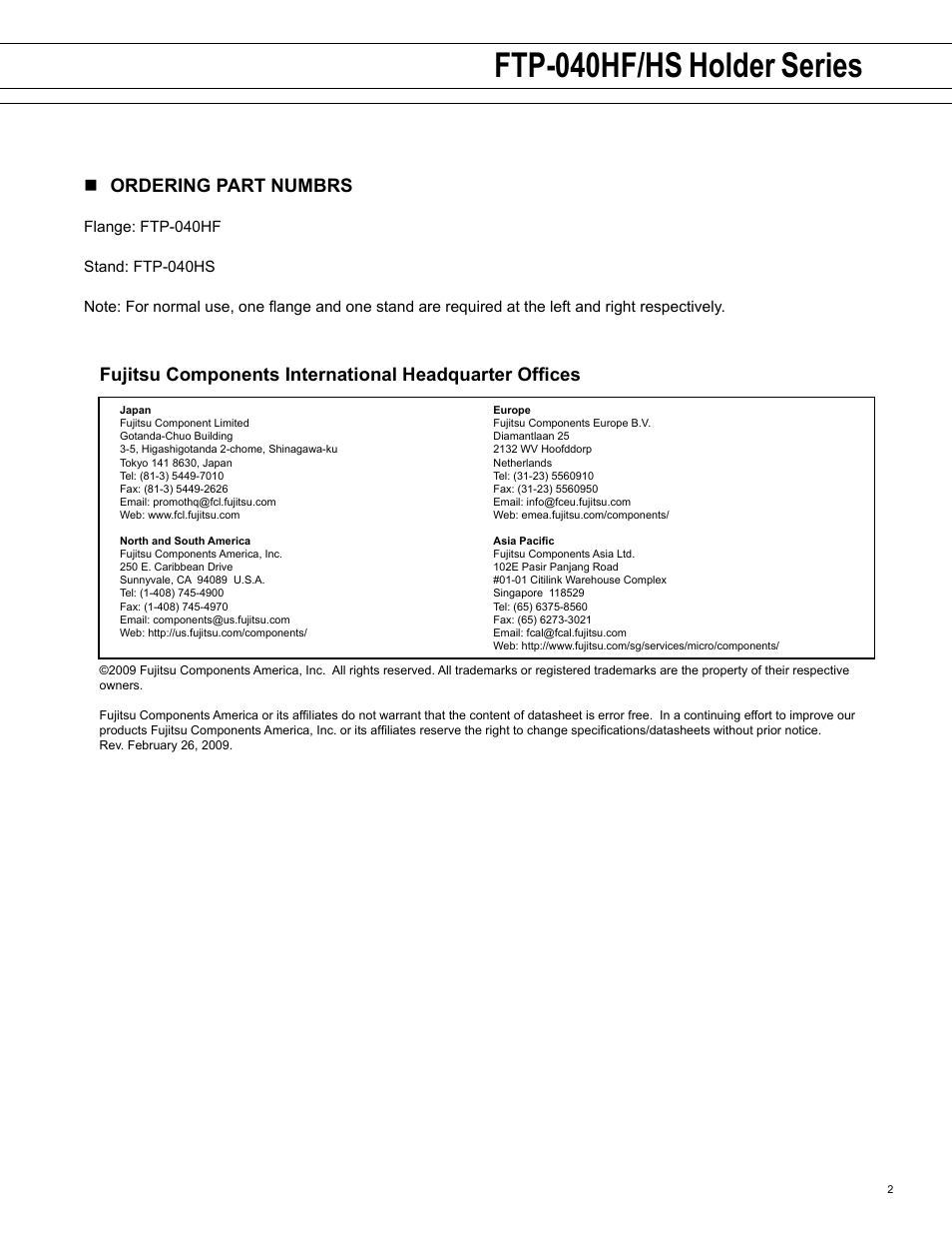 Ftp-040hf/hs holder series, Nordering part numbrs | FUJITSU FTP-040HS Holder Series User Manual | Page 2 / 2
