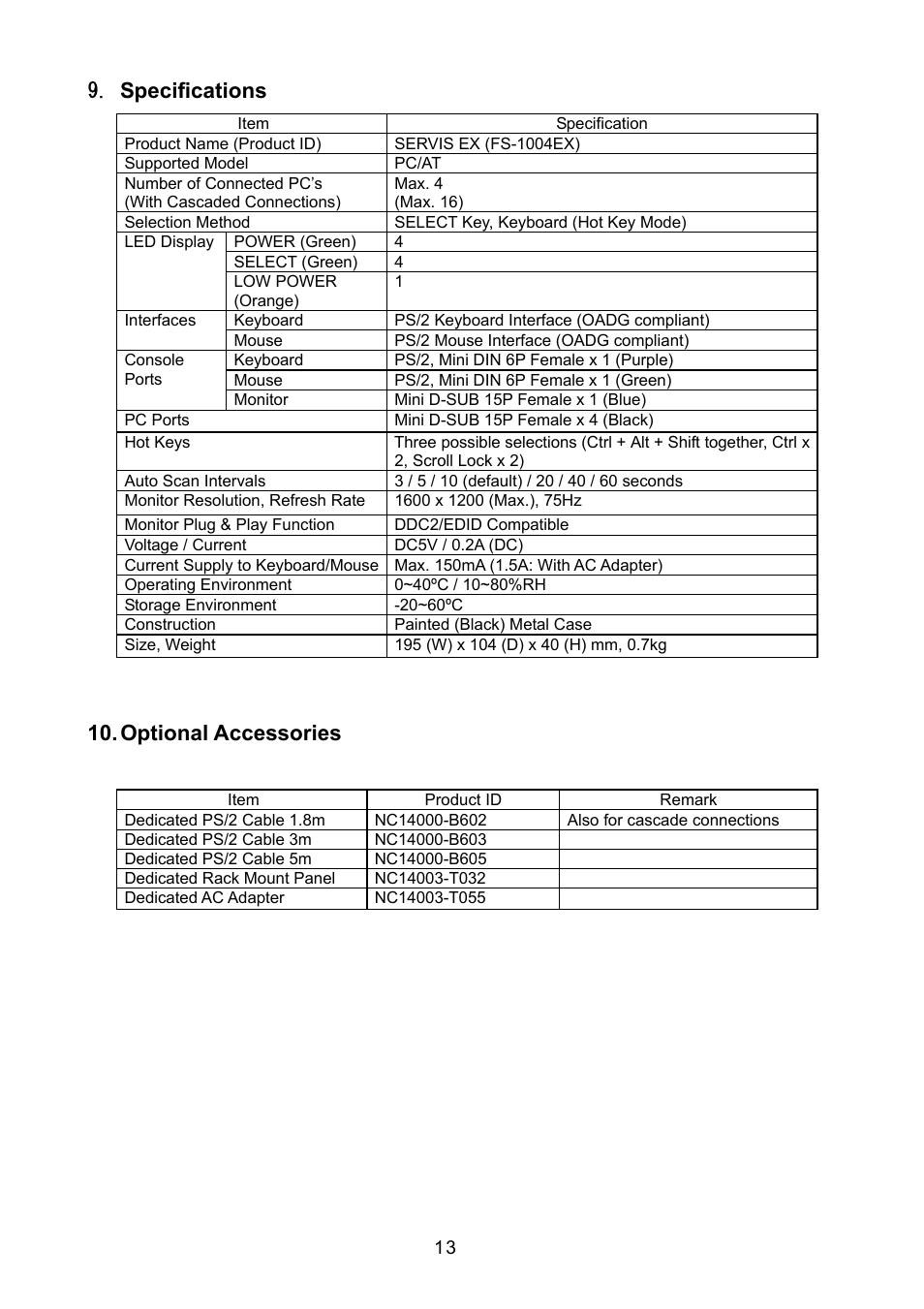 Optional accessories, Specifications 10. optional accessories, Specifications | FUJITSU FS-1004EX User Manual | Page 13 / 16