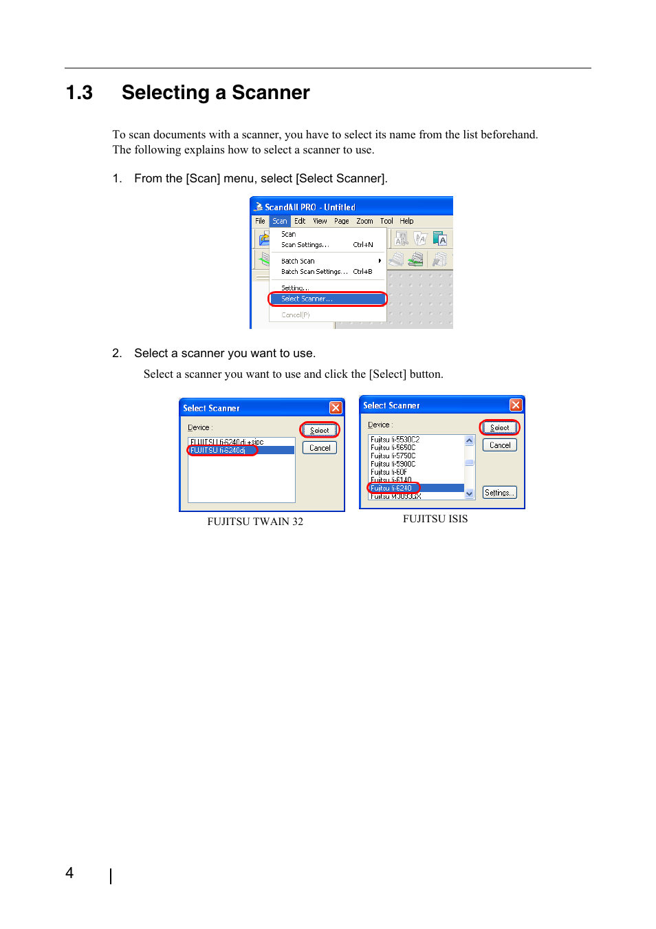 3 selecting a scanner | FUJITSU ScandAll PRO P2WW-2410-01ENZ0 User Manual | Page 10 / 45