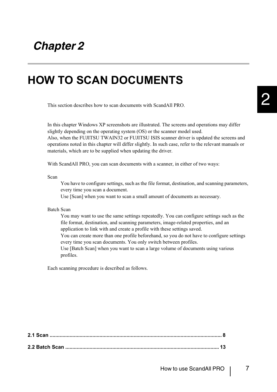 Chapter 2 how to scan documents, Chapter 2, How to scan documents | FUJITSU ScandAll PRO P2WW-2410-01ENZ0 User Manual | Page 13 / 45