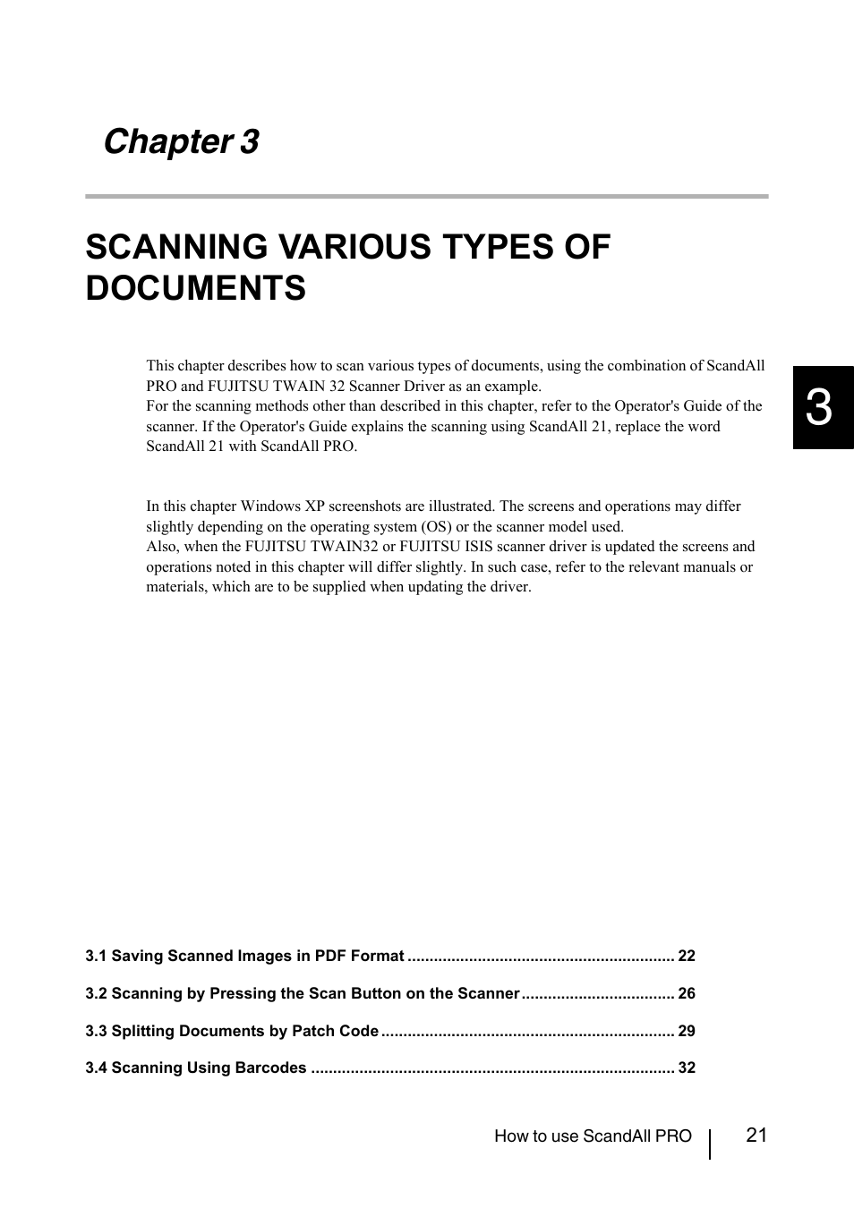 Chapter 3 scanning various types of documents, Chapter 3, Scanning various types of documents 21 | Chapter3, Scanning various types of documents | FUJITSU ScandAll PRO P2WW-2410-01ENZ0 User Manual | Page 27 / 45