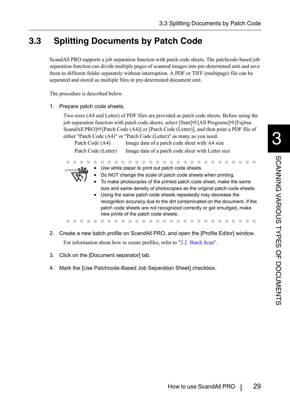 3 splitting documents by patch code | FUJITSU ScandAll PRO P2WW-2410-01ENZ0 User Manual | Page 35 / 45