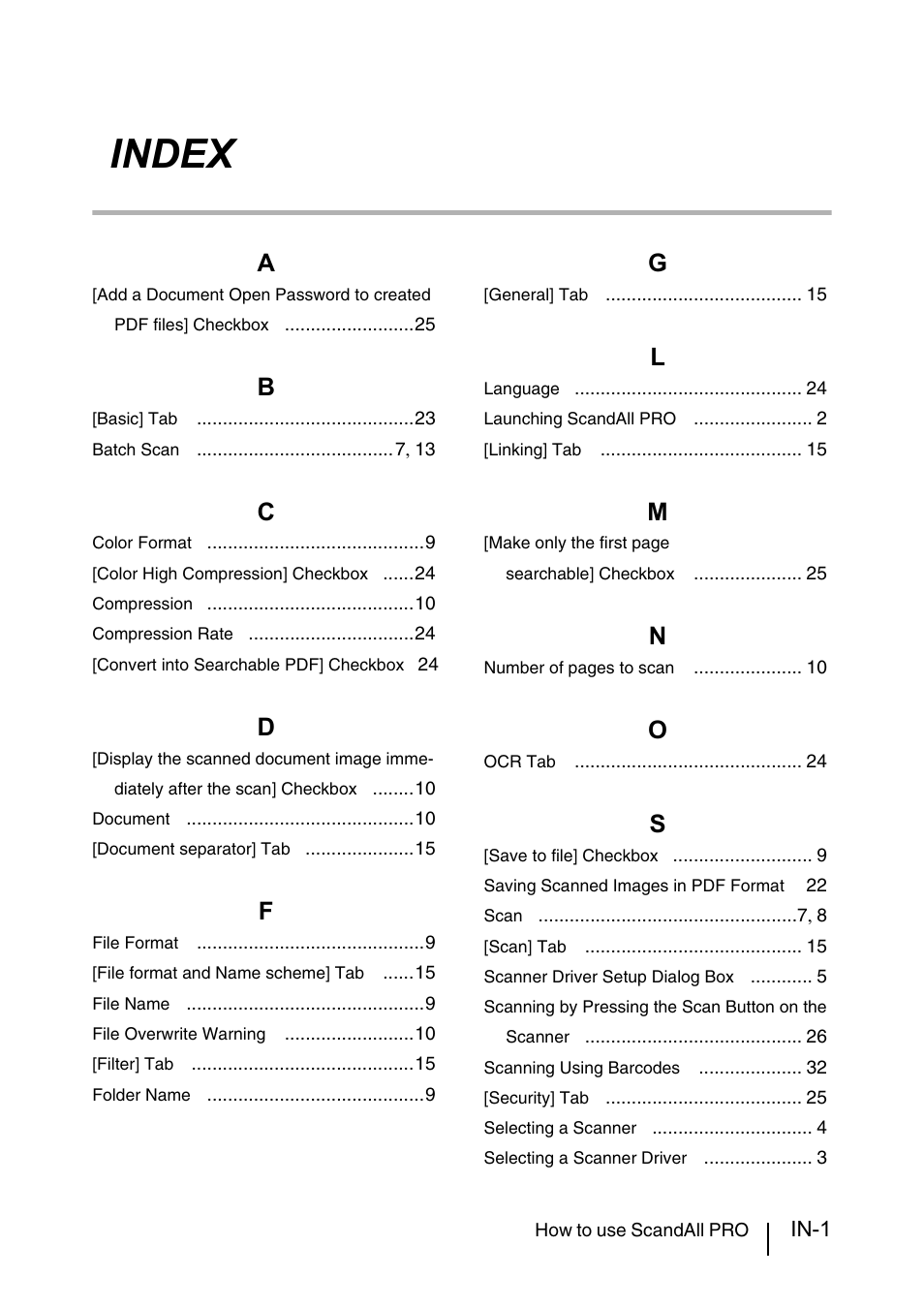 Index | FUJITSU ScandAll PRO P2WW-2410-01ENZ0 User Manual | Page 43 / 45