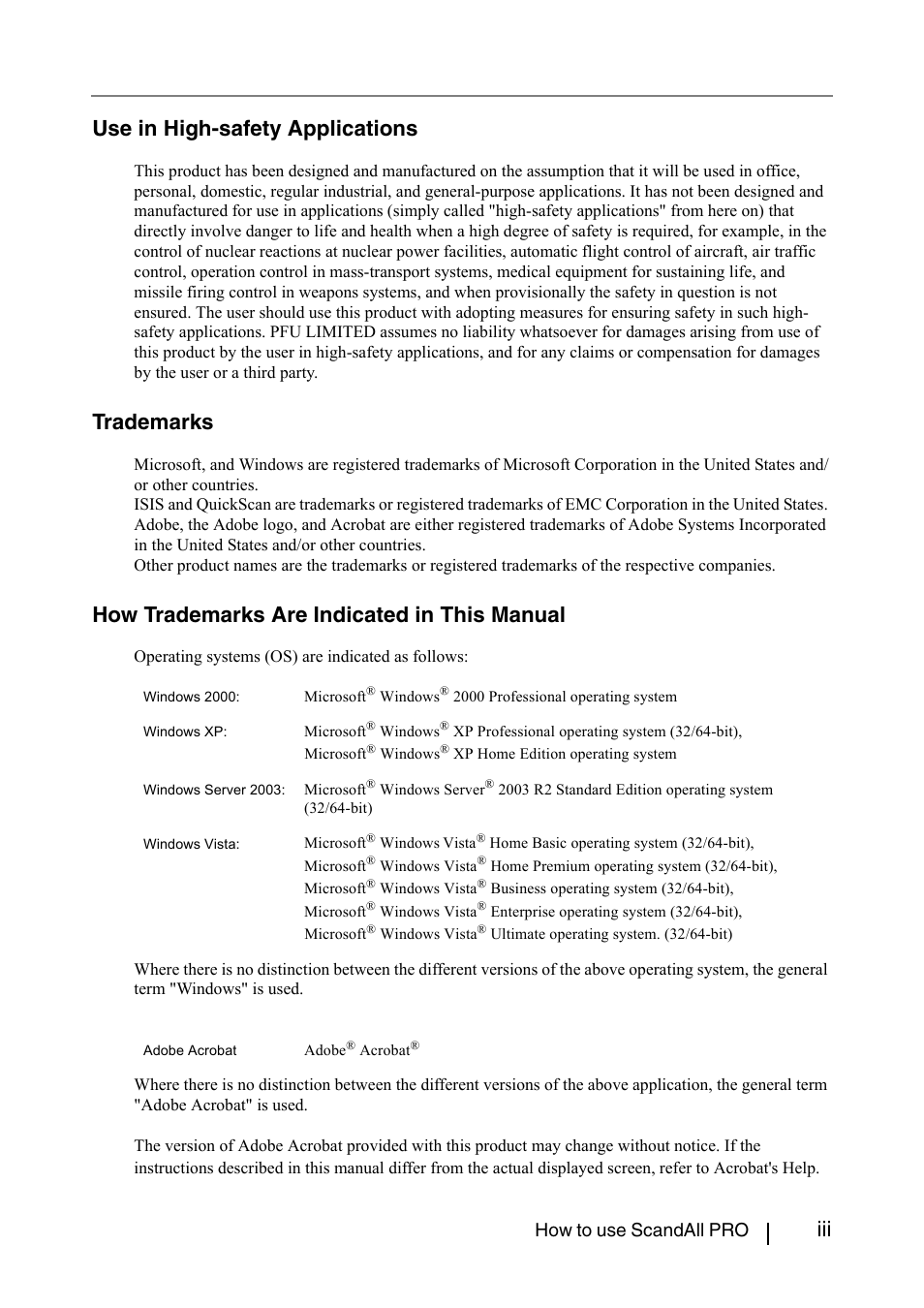 Iii use in high-safety applications, Trademarks, How trademarks are indicated in this manual | How to use scandall pro | FUJITSU ScandAll PRO P2WW-2410-01ENZ0 User Manual | Page 5 / 45