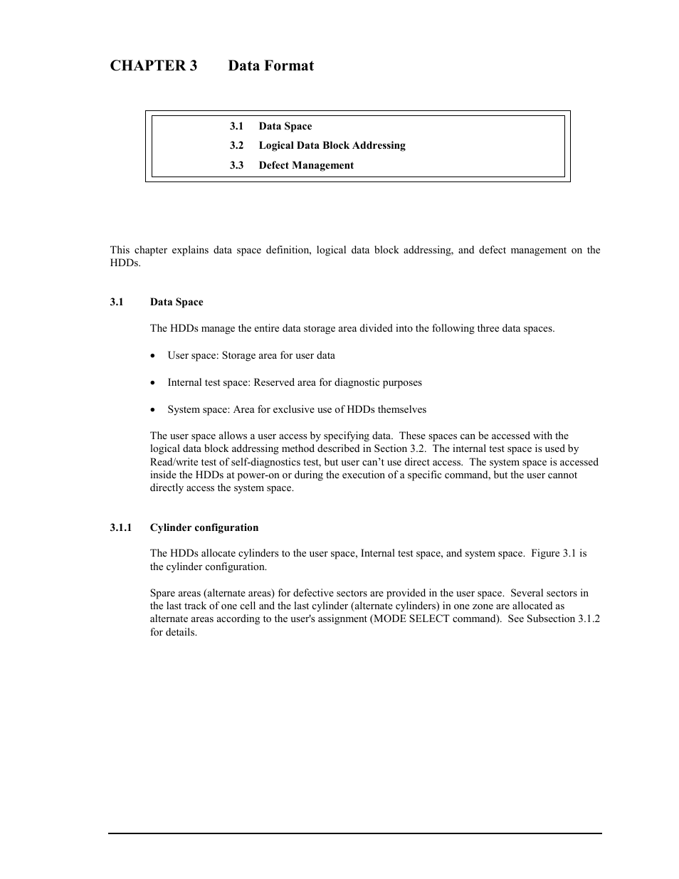 Chapter 3 data format, 1 data space, 1 cylinder configuration | FUJITSU MAY2073RC User Manual | Page 29 / 94