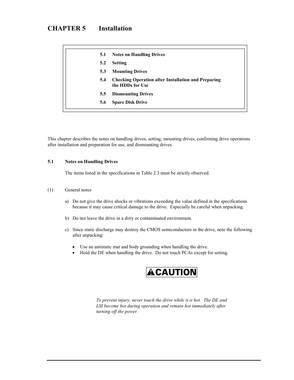 Chapter 5 installation, 1 notes on handling drives | FUJITSU MAY2073RC User Manual | Page 55 / 94