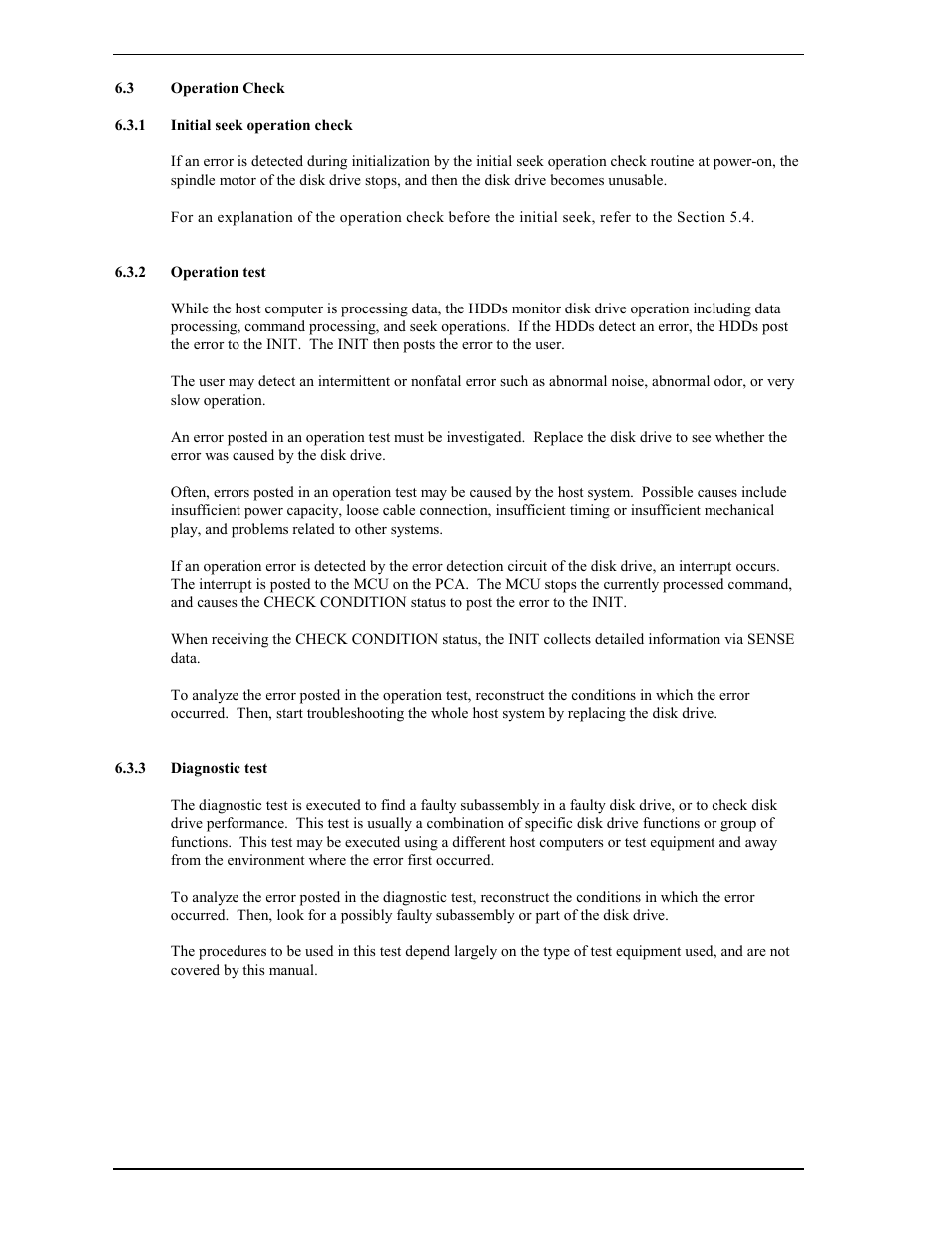 3 operation check, 1 initial seek operation check, 2 operation test | 3 diagnostic test | FUJITSU MAY2073RC User Manual | Page 74 / 94