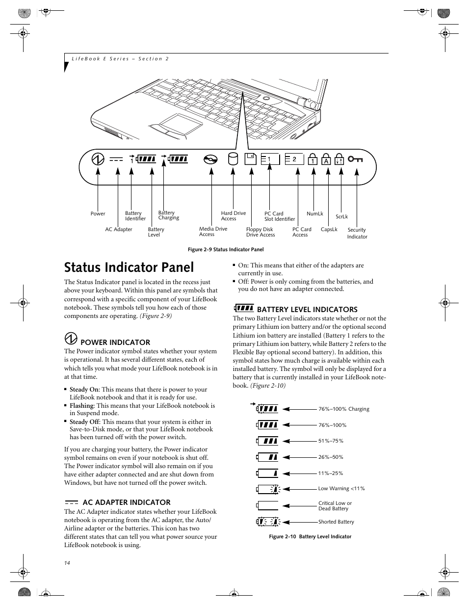 Status indicator panel, Power indicator, Ac adapter indicator | Battery level indicators | FUJITSU E-6664 User Manual | Page 22 / 104