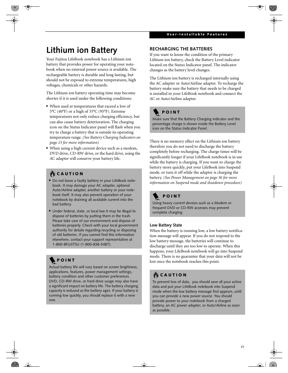 Lithium ion battery, Recharging the batteries | FUJITSU E-6664 User Manual | Page 49 / 104