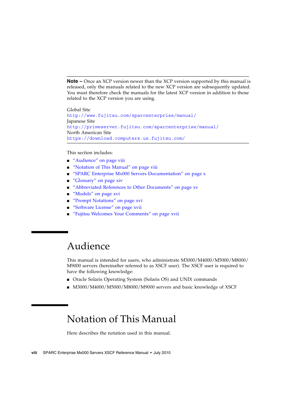 Audience, Notation of this manual | FUJITSU SPARC ENTERPRISE M9000 User Manual | Page 14 / 560