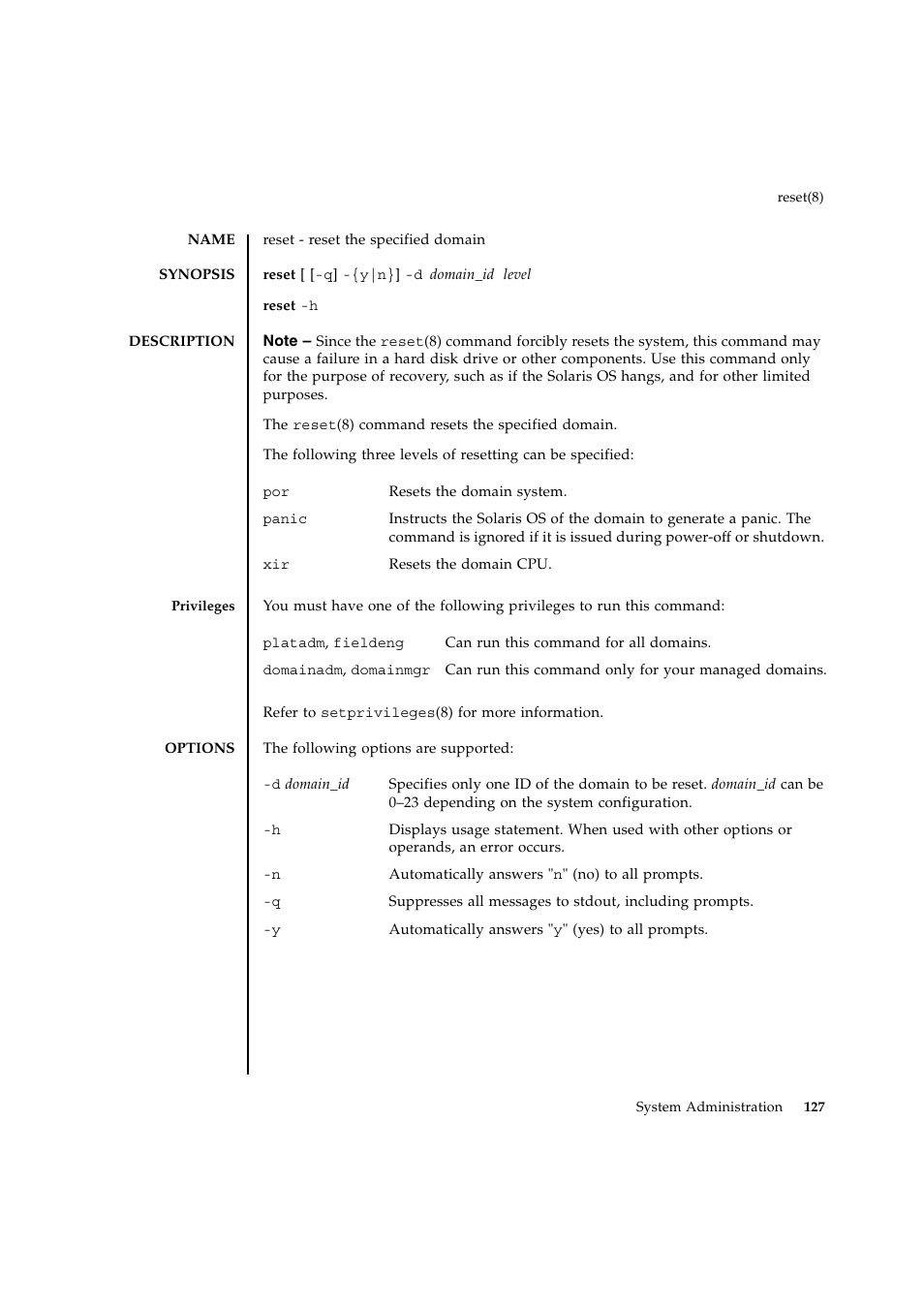 Reset | FUJITSU SPARC ENTERPRISE M9000 User Manual | Page 151 / 560