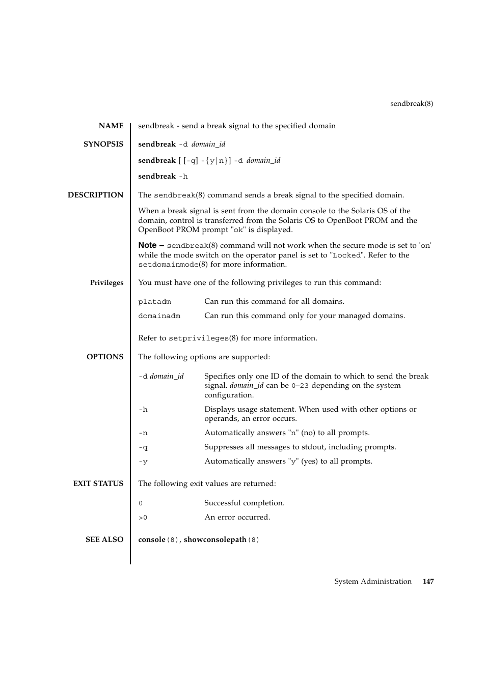 Sendbreak | FUJITSU SPARC ENTERPRISE M9000 User Manual | Page 171 / 560