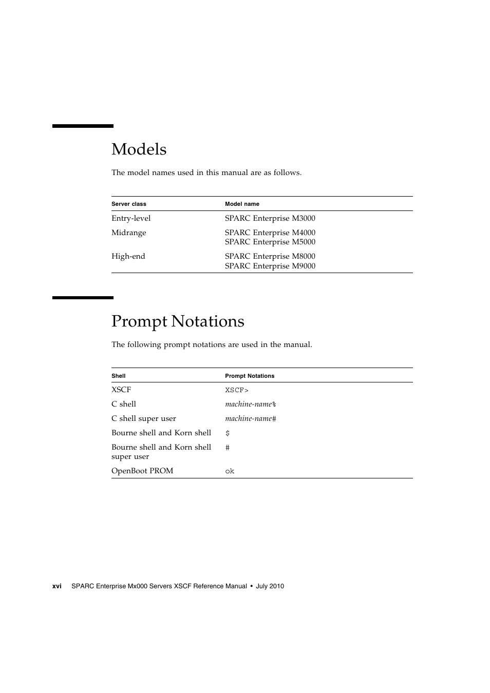 Models, Prompt notations | FUJITSU SPARC ENTERPRISE M9000 User Manual | Page 22 / 560