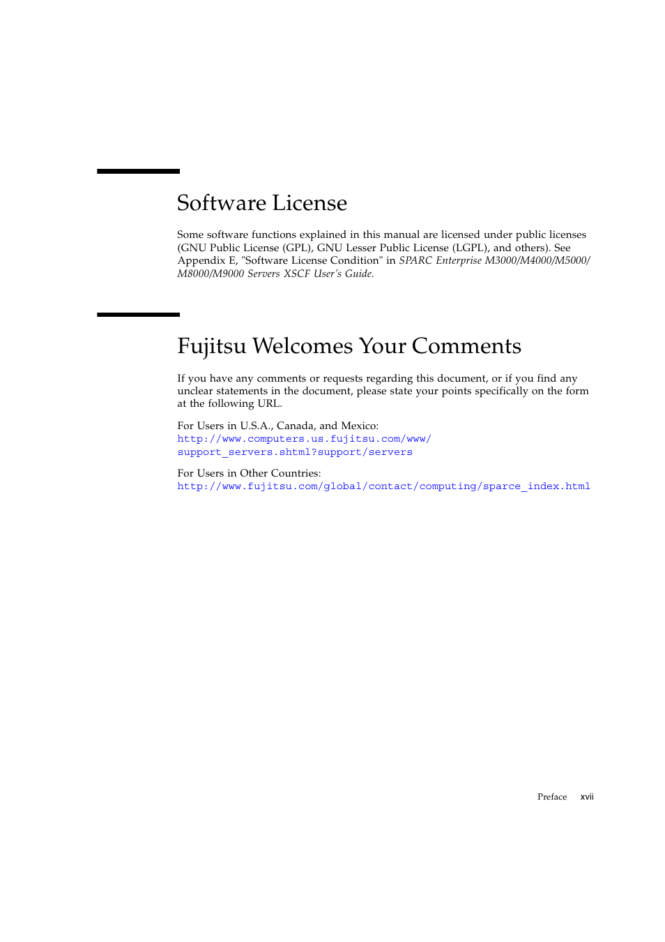 Software license, Fujitsu welcomes your comments | FUJITSU SPARC ENTERPRISE M9000 User Manual | Page 23 / 560